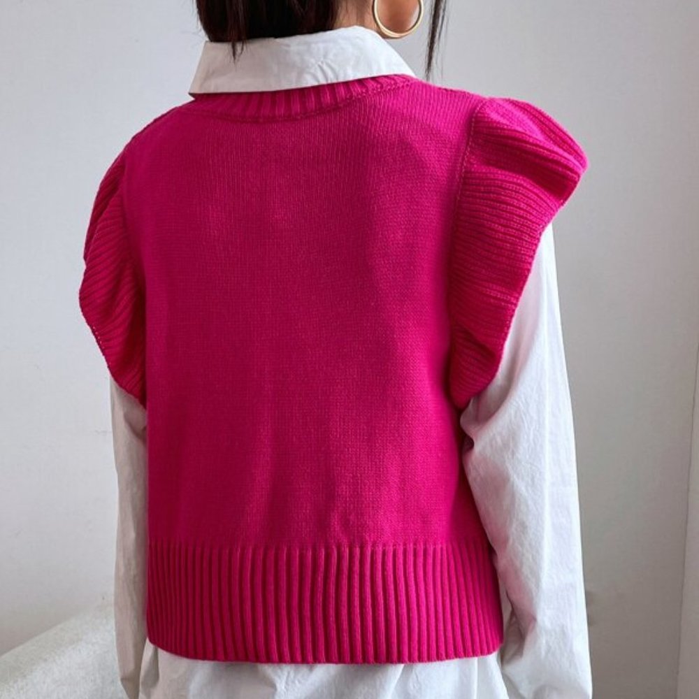 CHIC DOLLZ Cable Knit Ruffle Trim Sweater Vest PI - Picture 3 of 6